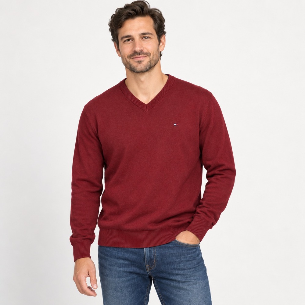Tommy Hilfiger Mens 2XL Burgundy V Neck Cotton Sweater Pullover Preppy Logo